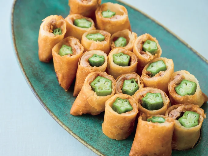 オクラと豚バラのおかかみそ春巻き