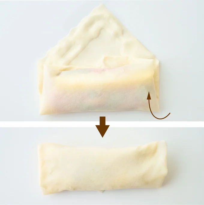 「基本の巻き方」③　手前から少しふんわりと巻き、巻き終わりをしっかり密着させる。