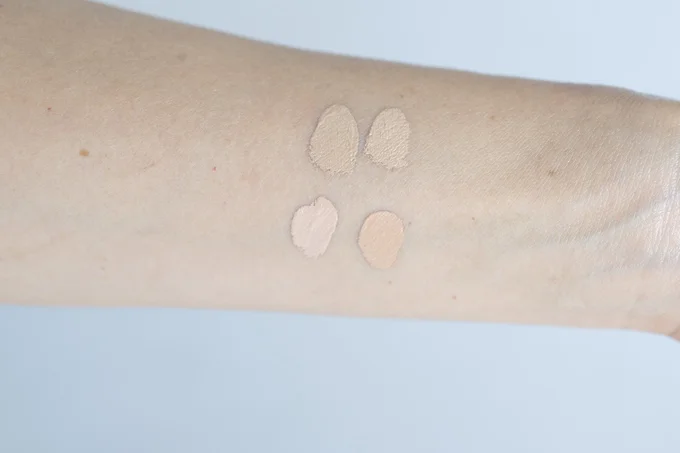 上段の2つのようなベージュ系はNG。下段のオレンジ系、ピンク系を選んで。色白さんなら黄色系もOK。