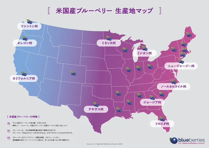 米国産ブルーベリー生産地マップ