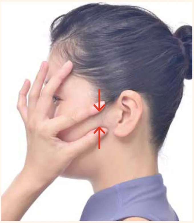 耳の前を寄せて引っ張る