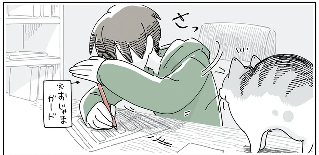 作業中の出来事。「猫しか見えない」邪魔してくる猫から視界をガードしていたら