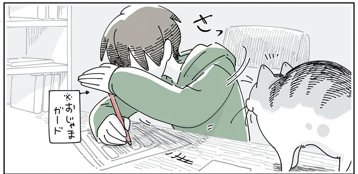 作業中の出来事。「猫しか見えない」邪魔してくる猫から視界をガードしていたら