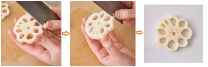 れんこんは、穴と穴の間の部分を直角に少し切り落とす。周囲を薄くそぎ切り、円い花びらの形に。こんにゃくにもひと手間かけて（▶︎次へ）