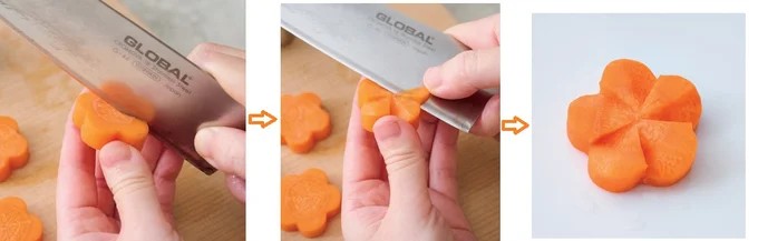 にんじんは梅の抜き型で抜いて厚みをそぐ