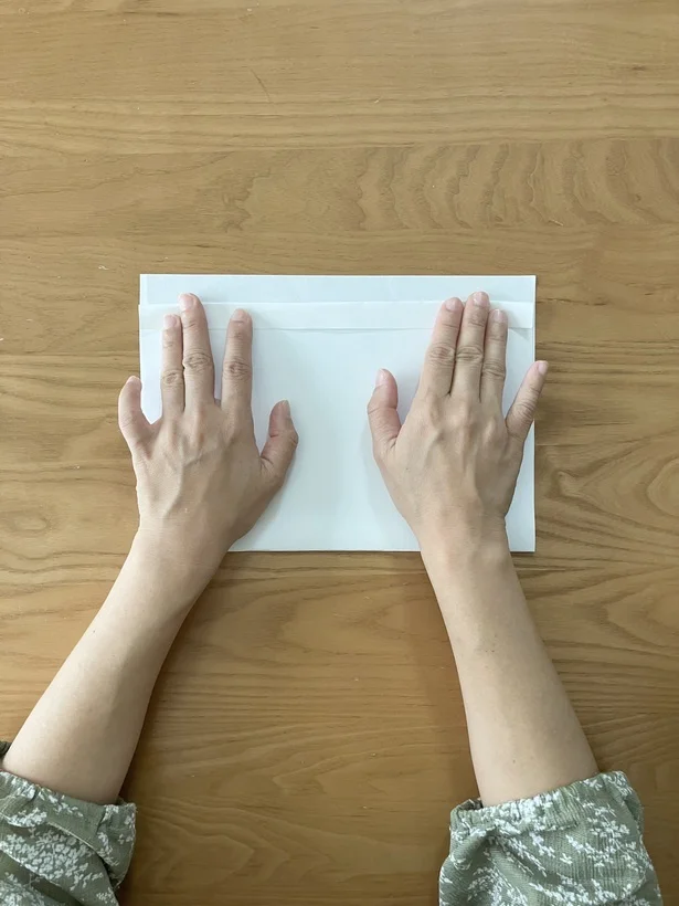 上の紙の上部を2回ほど手前に折る（▶︎次へ）