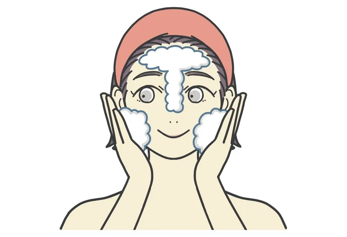 洗顔2 Tゾーンに泡をのせたら次に顔全体に泡をのせる