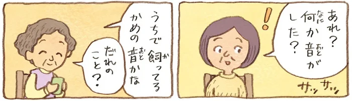 室内で聞こえる物音に友人が反応。「うちでかめを飼ってる」の意味に納得！