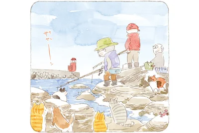 釣り人のそばには猫たち