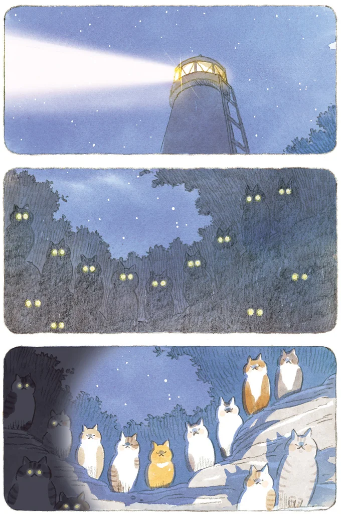 灯台の光に照らされる猫たち