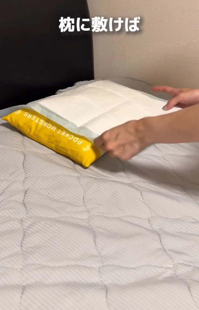 枕にペットシーツを敷く▶胃腸炎や夜の嘔吐に備えれば…（⇒次へ）