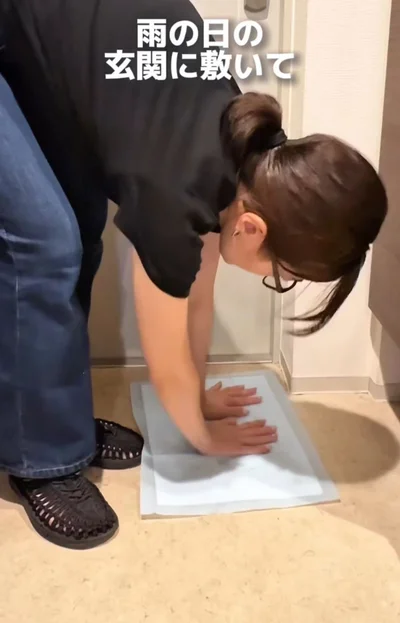 雨の日の玄関にペットシーツを敷く▶濡れて帰ってきても…（⇒次へ）