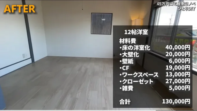 13万円で12畳洋室のDIYリフォームが完成！▶修繕費用の総額はいくら？（⇒次へ）