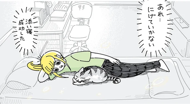 来る日も来る日も添い寝失敗。けれど初めて成功した日、飼い主に悲しい出来事が