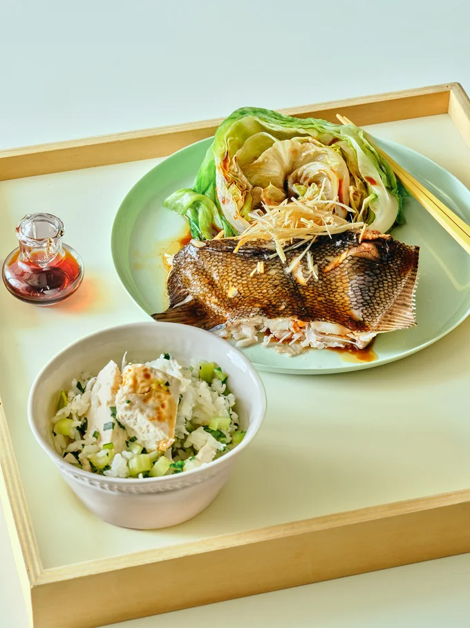 「ゆで魚と豆腐炊き込みごはん献立」