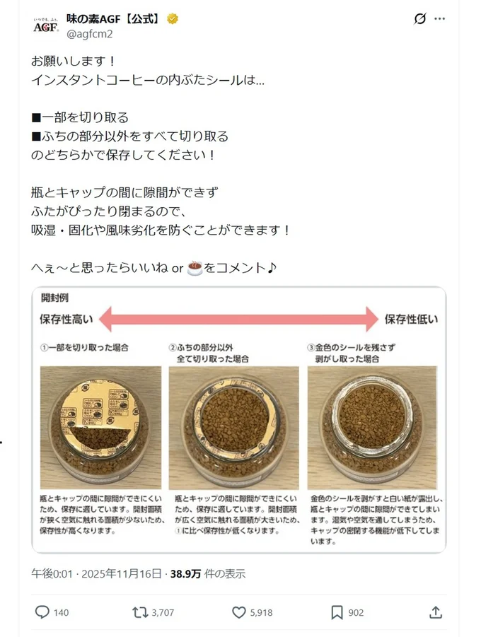 話題となった「インスタントコーヒーの内ぶた」のポスト▶写真付きで分かりやすい説明です（⇒次へ）