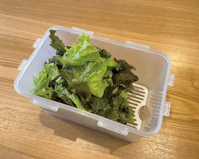 100円グッズなどの水切りつき密閉容器は、レタスを洗って入れておけば、すぐ使えて傷みにくい（ぴーちさん私物）。