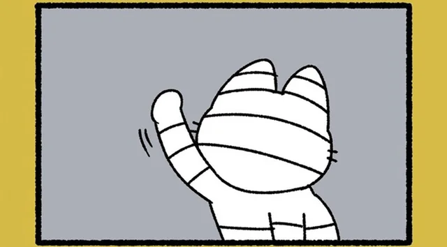 包帯をグルグル巻いた「みいら」。飛んでいる虫に「手」を伸ばしたと思ったら