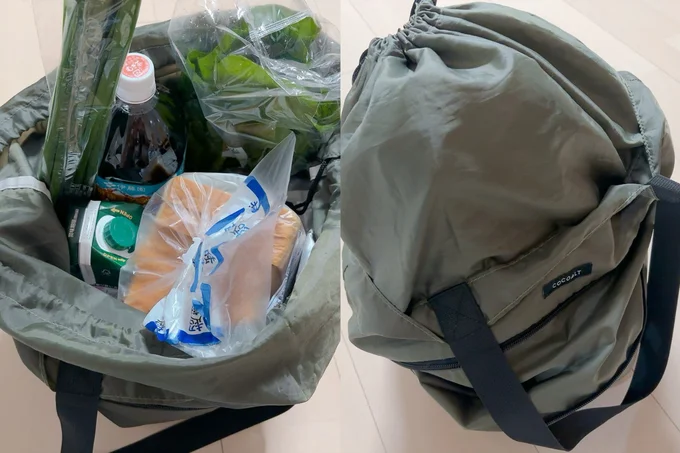 バッグの上部が巾着のようになって長めの野菜を買ってもすっぽり収まります　　▶まとめるとどうなる？