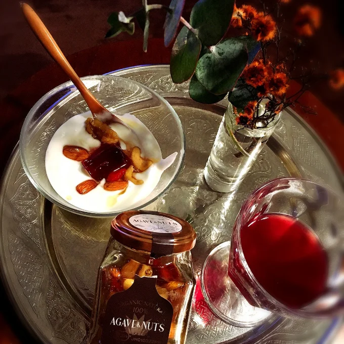 低GIなアガベシロップを使った「有機アガベ＆ナッツ」。ヨーグルトにいれるのもおすすめ