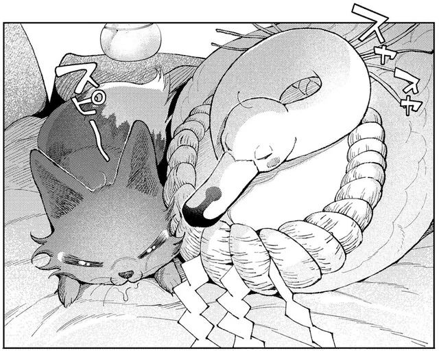 布団の上でのんきに眠るきつねと白鳥。叩き起こして白鳥の身元探しに出発！／京都伏見のあやかし甘味帖2（7）