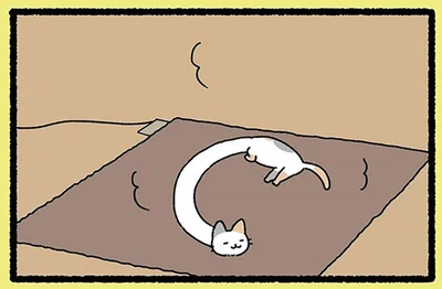 ホットカーペットにごろ～ん。のびのび寛ぐ「ろくろくび」の姿