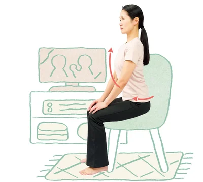 1．いすに浅く座り、おなかに力を入れて骨盤を前に少し倒します（反らす）。その際、胸を開いて引っ張り上げる感じで反らします。