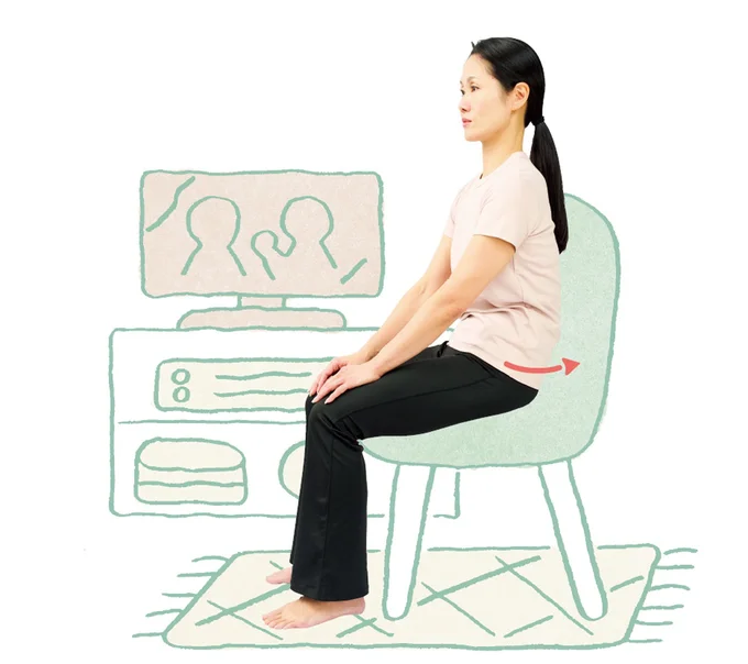 2.続けて骨盤を後ろに動かします(丸める)。この前後運動を5回、続けて腹式呼吸を5回、前後運動を5回行ないます。