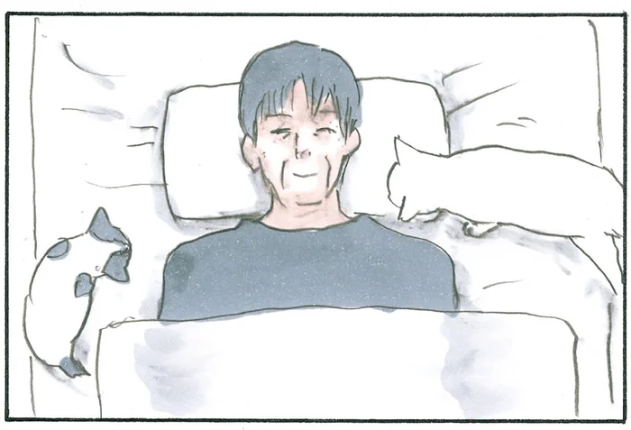 寒い日の楽しみ。布団に寝転び、猫たちを待つお父さんの幸せ時間