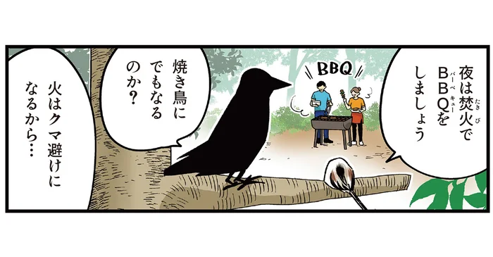 「夜は焚き火でBBQをしましょう」山を買うというシマエナガにカラスさんはどう返す？