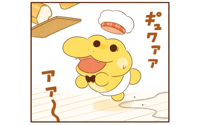 おっちょこちょいなコッペパンわにがお店の準備。けれどパンを持ったまま転びそうになって!?