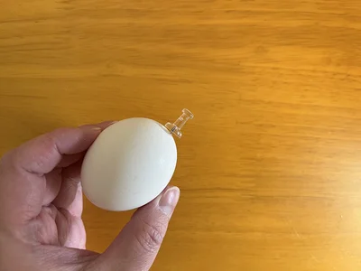 使うものは画鋲のみ！卵のおしりに刺して…（▶次へ）