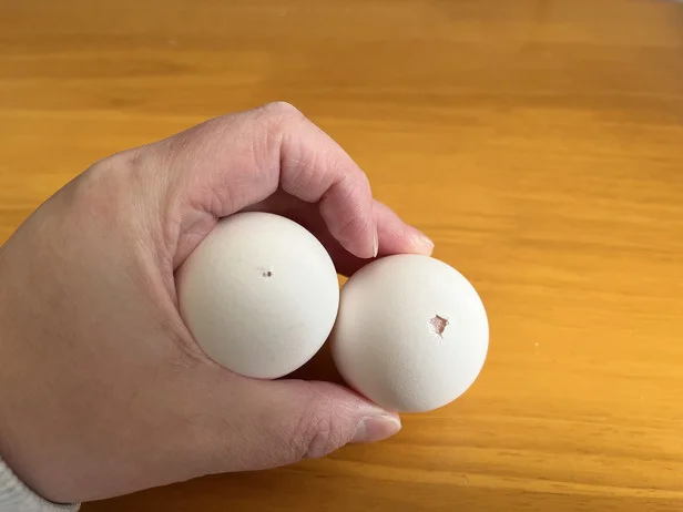 画鋲より穴は大きくなるものの、薄皮まで到達できず…結果は？（▶次へ）