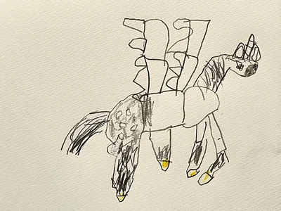 5歳が描いた年賀状用の馬。今年の干支はユニコーンペガサス▶これはリアルなワニ（⇒次へ）