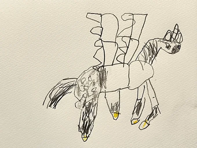5歳が描いた年賀状用の馬。今年の干支はユニコーンペガサス▶これはリアルなワニ（⇒次へ）