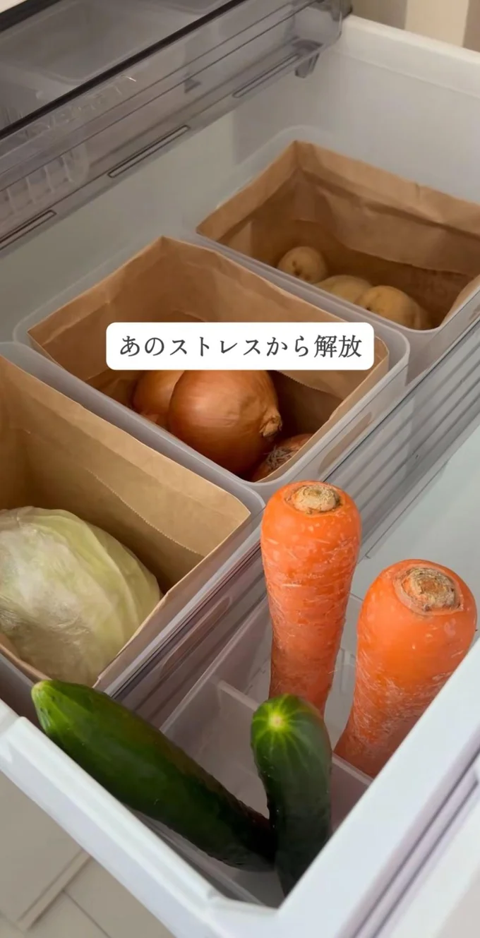 にんじんやきゅうりなどの縦長野菜は「立てて収納」▶小さめの野菜は…（⇒次へ）