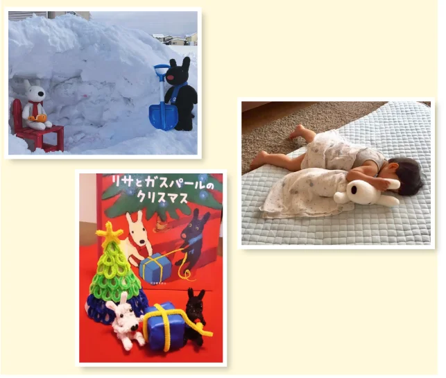 神戸阪急賞（左上より時計回りに：Yuka Miyazakiさん「冬を満喫」、うめ吉こけしさん「『ねんねリサ』と一緒」、うぱこさんさん「モールで作ったリサとガスパール、ツリー」）