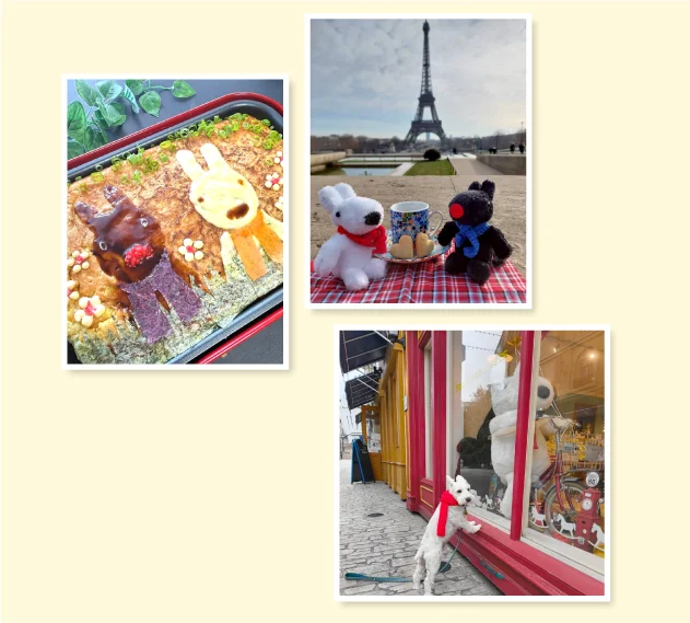 グッドアイデア賞（左上より時計回りに：３匹の大ぶたママさん「お好み焼き」、tsukune_photoさん「手作りのリサガスでバレンタイン」、たまさん「リサそっくりのワンちゃん」）