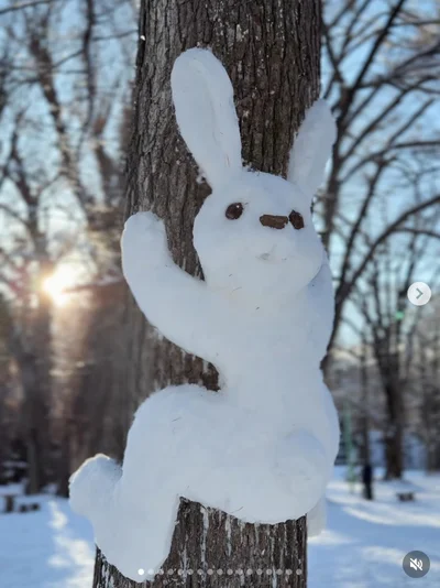 両手両足で木登りをしている雪うさぎ▶顔もしっかりした表情（⇒次へ）