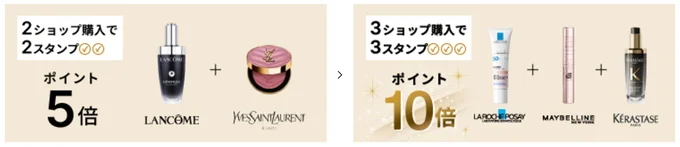 2スタンプ獲得でポイント5倍、3スタンプ獲得でポイント10倍