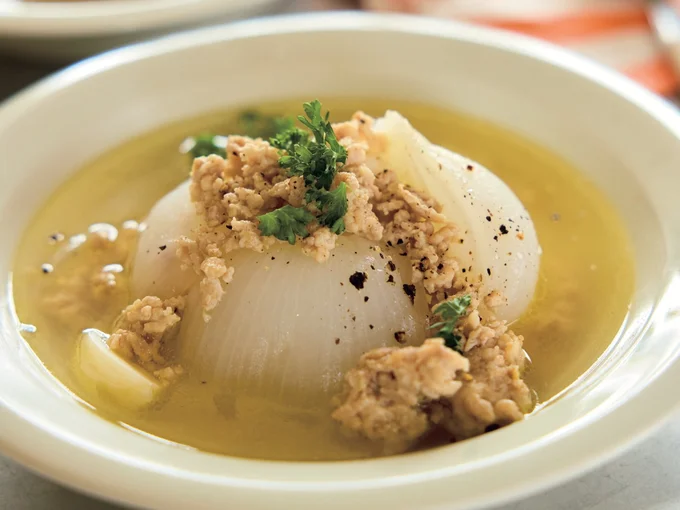新玉ねぎのそぼろスープ
