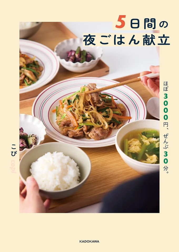 買い物、メニュー決め、調理時間のストレスを最小限にした献立『5日間の夜ごはん献立 ほぼ3000円、ぜんぶ30分。』