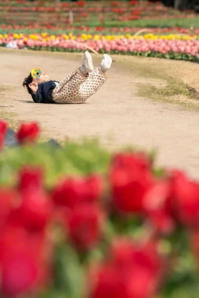 チューリップ畑で寝ころんで全力でイヤイヤしている息子さん！▶イヤイヤした後は…（⇒次へ）