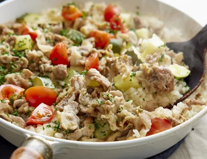 豚こまのフライパンパエリャ