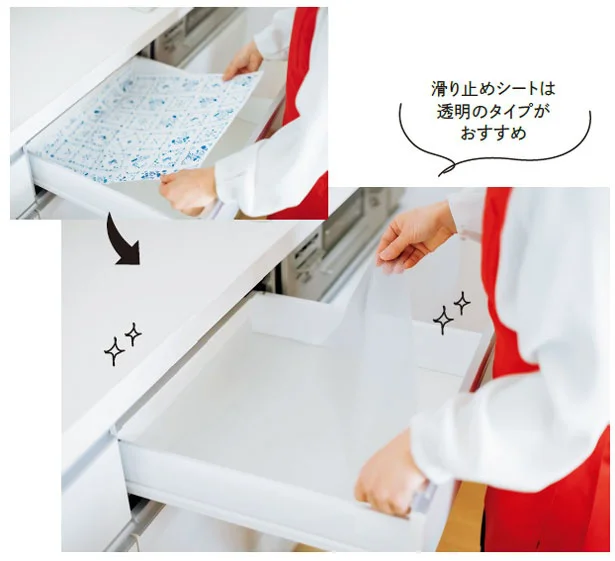 引き出しには、滑り止め効果があり、汚れに気づきやすい透明や半透明のシートが最適です。
