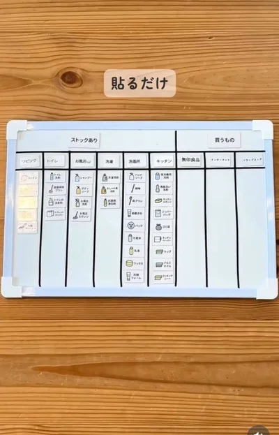ホワイトボードに日用品ストックのマグネットシートを貼る▶在庫が切れたら…（⇒次へ）