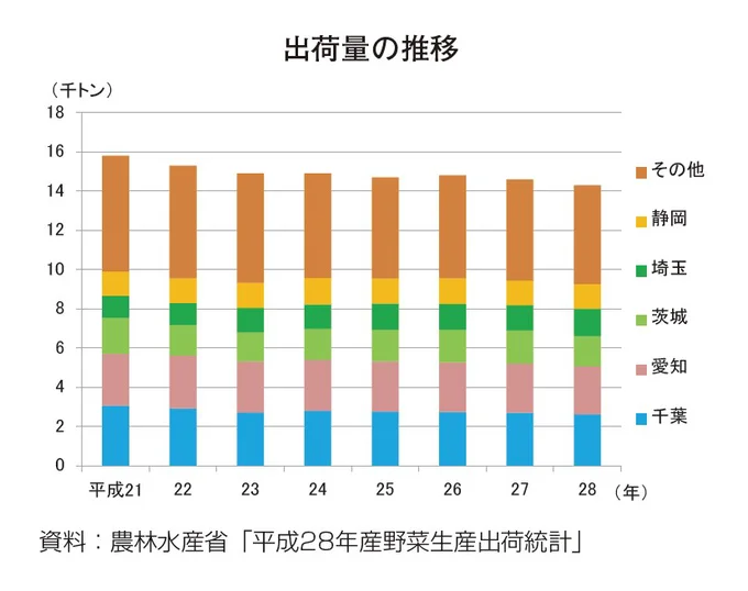 【グラフ】みつばの出荷量はゆるやかな減少傾向