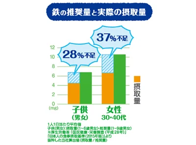 【グラフを見る】鉄の推奨量と実際の摂取量