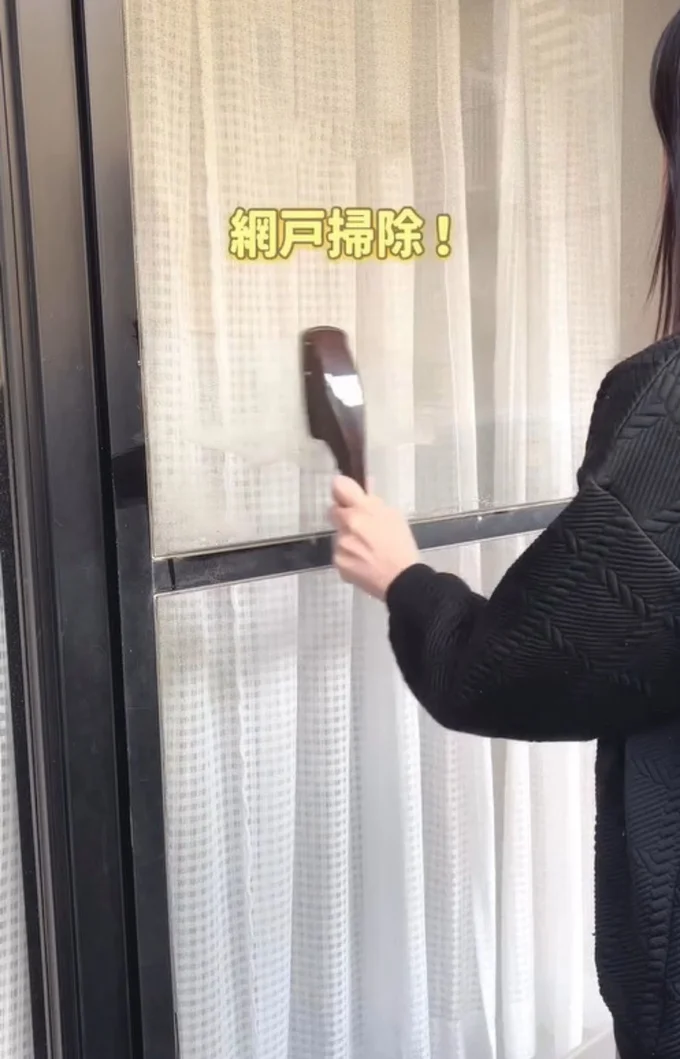 エチケットブラシで網戸掃除▶なでるだけで…（⇒次へ）