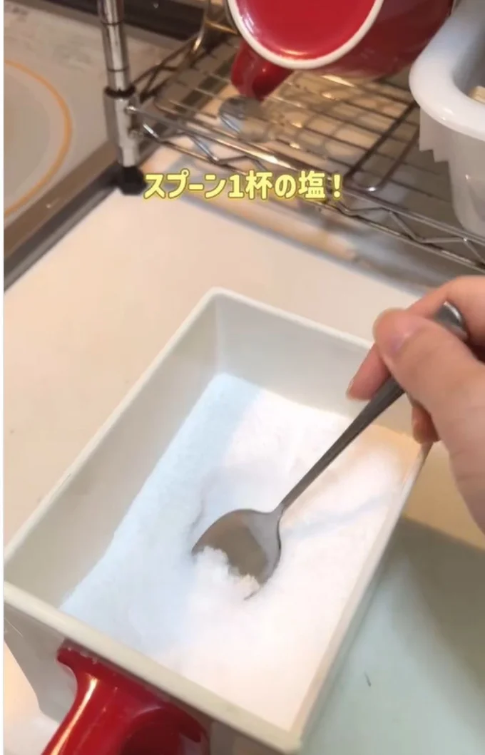 スプーン1杯の塩▶マグカップに入れて水を加えたあと…（⇒次へ）